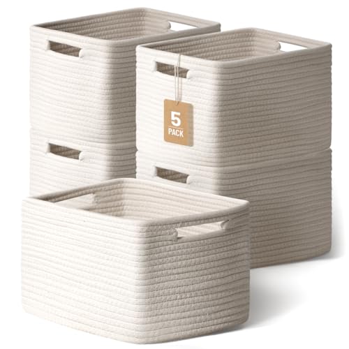 5 Pack White Woven Storage Baskets for Shelves, Decorative Basket Organizer Storage Bins for Toys, Books, Clothes, Closet, Nursery, Bathroom –...