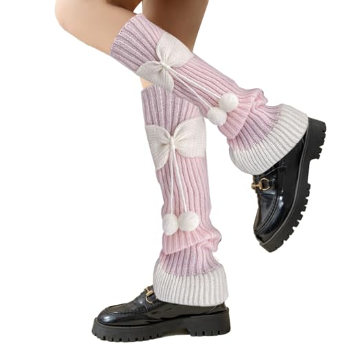 FZBNSRKO 1 Pairs Kawaii Leg Warmers,Knit Leg Warmers With Bow,2 Fluffy Balls Legwarmers Japanese Socks for Girls/Women