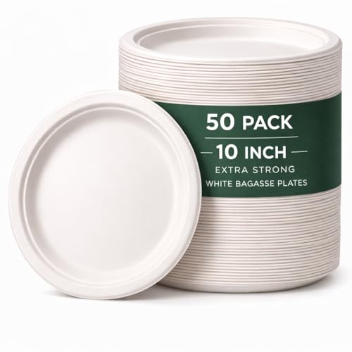 1ABOVE 50 Pack Extra Strong White Disposable Bagasse Plates 100% Compostable and Biodegradable Made from Sugarcane Fibre Perfect for BBQ Wedding Office Picnics and Parties (10 INCH)