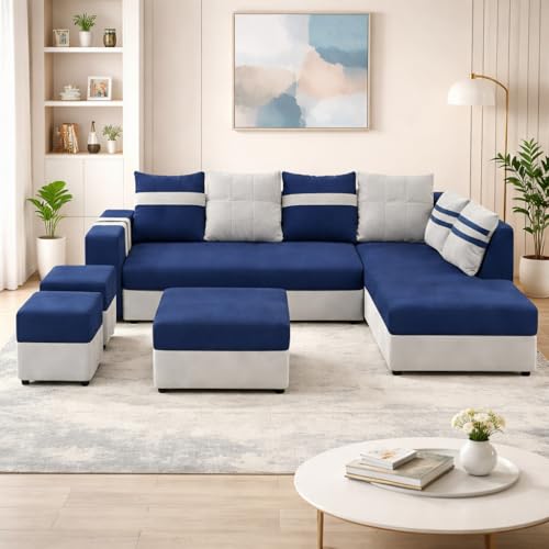 Image of Stova Luxe Velvet-Suede Fabric 8 Seater RHS Sofa Set | with 2 Ottomans& Centre Table| Comfortable & Spacious Seating | Modern Sofa Set for Living Room - Light Grey & Dark Blue