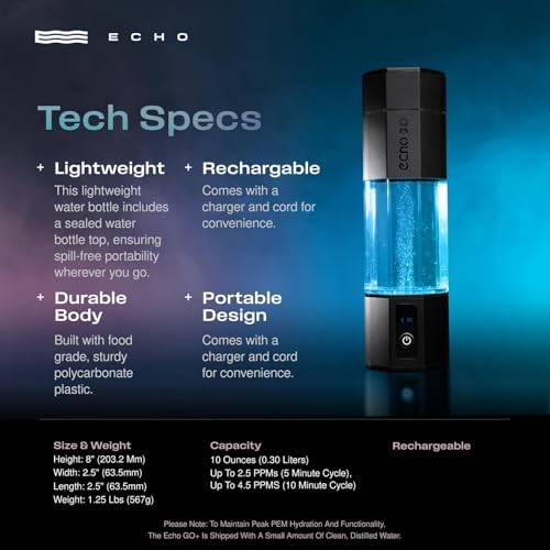 Echo Go+ Hydrogen Water Bottle - Hydrogen Infusion Technology - Rechargeable Water Bottle - SPE & PEM Purification - Active Hydration Support for Skin Health & Immune Function - 10 oz