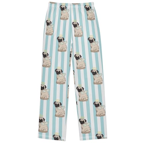 Boy's Pj Pants Pug Angel Wings Light Blue Striped Lounge Bottoms Elastic Waist Kids Joggers with Pockets Size 6-14