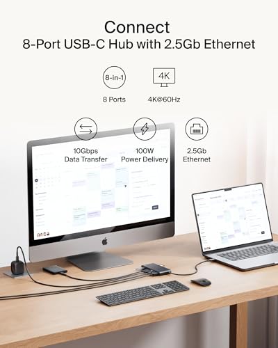 Image of Belkin USB Hub for Laptop 8-in-1, USB C Hub - Multi USB Port Adapter with 2.5Gbps Ethernet, 4K HDMI @ 60Hz, 100W USB-C PD, 10Gbps Transfer | Type C Hub for MacBook, iPad Pro, Windows, ChromeOS
