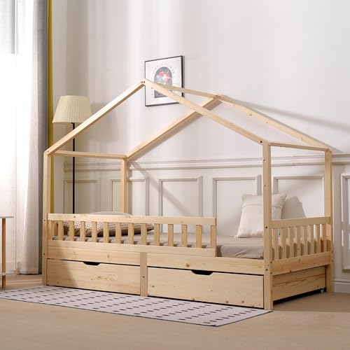 FUSIDE Kids Single Bed Frame with Storage Drawers,Solid Pine Wood House Bed Frame for Children,Natural