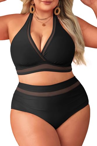 Tempt Me Women Plus Size Bikini High Waisted Swimsuits Mesh Tummy Control Two Piece Bathing Suit