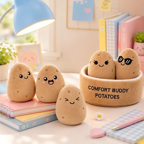 Image of Emotional Support Potato Plush Set, 5 Soft Squishy Toys Stuffed Animal with Carrying Basket, Cute Cuddly for Loved Ones of All Ages, Stress Relief Funny Gifts (Potato)