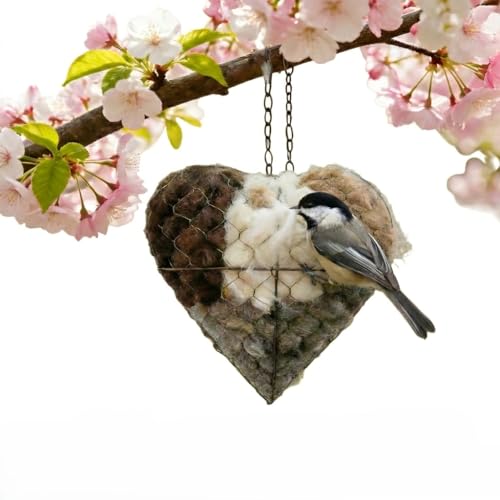 Heart Shape Iron Bird Nesting Material Holder Outdoor Hanging Dispenser Handcrafted Metal Bird House Feeder Decor with Natural Nesting Cotton for Wild Birds Hummingbird Finch Garden Gift (1)