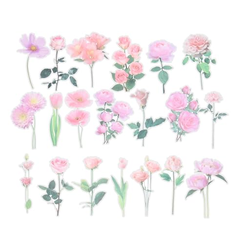 PATIKIL Transparent Flower Vinyl Stickers, 80 Sheet Waterproof PET Flowers Decals Floral Stickers for Scrapbook Journaling Crafts DIY Water Bottles, Light Pink