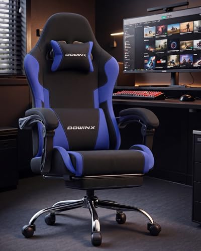 Image of Dowinx Ergonomic Gaming Chair with Footrest & Massage Lumbar, 2D-Linkage Armrests for Computer Chair 330lbs with Headrest Pillow for Office, Home, Streaming and Long Gaming Sessions, Fabric Dark Blue