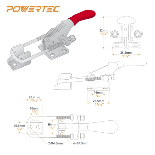 Image of POWERTEC Toggle Clamp, 400 lbs Holding Capacity, 323 Adjustable U Bolt Latch w /Antislip Hand Grip for Woodworking Jigs & Fixtures, Tire Carrier, Tool Box, Cabinet (20310-P2), 2 count, Pack of 1