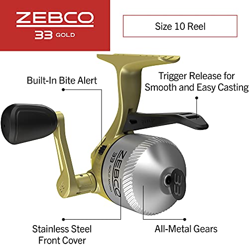 Zebco 33 Gold Micro Trigger Spincast Fishing Reel, Size 10 Reel, Durable All-Metal Gears, Pre-Spooled with 4-Pound Zebco Cajun Line, Silver/Gold (Clam Packaging)