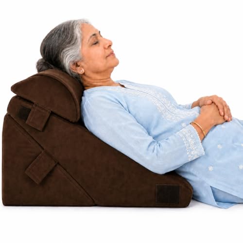 Image of Orthopedic Adjustable Wedge Pillow with Memory Foam & Headrest for Back Support, Leg Elevation, Acid Reflux, GERD, Snoring Relief - 7 Inclines - Soft Washable Cover - Brown (56 x 53 x 38 CM)