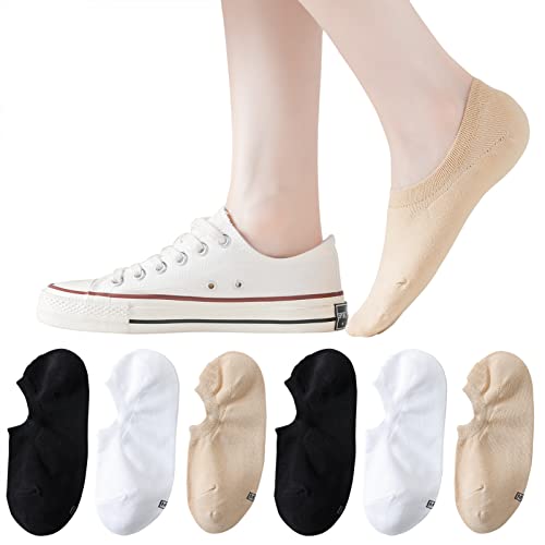 JORMATT 6 Pairs Women No Show Socks with Grips Cotton Low Cut Short Socks Non Slip, Flat Boat Liner, Shoe size 8-11
