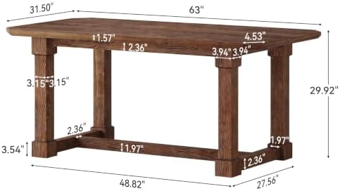 TRIBEWOOD 63" Solid Wood Dining Table, Rectangular Kitchen Table with Sturdy Legs, Rustic Wooden Dinner Tables for 4-6, Dining Room, Living Room, Dark Brown - 1