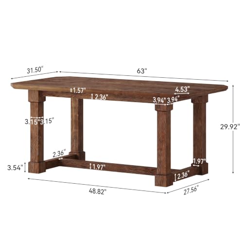 TRIBEWOOD 63" Solid Wood Dining Table, Rectangular Kitchen Table with Sturdy Legs, Rustic Wooden Dinner Tables for 4-6, Dining Room, Living Room, Dark Brown