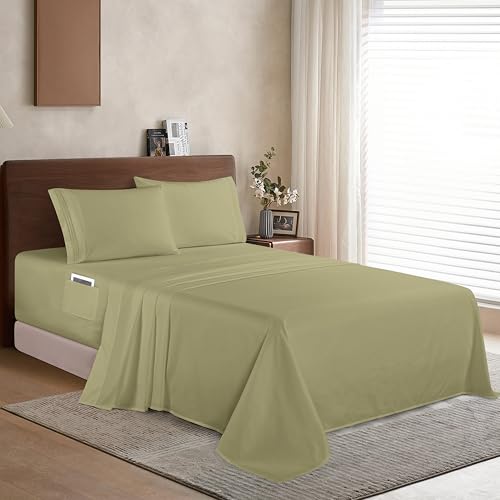 Elegant Comfort Luxury 1500 Premium Hotel Quality Microfiber 4-Piece Sheet Set - Soft, All Around Elastic 18-24 Inches Deep Fitted Sheet - Extra Deep Pocket Sheets, Queen, Sage/Green
