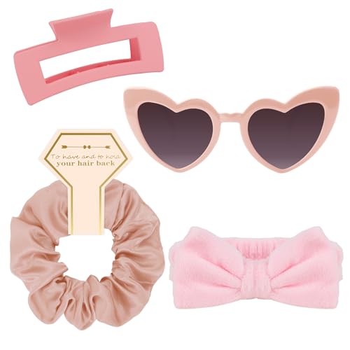 Semato 4 Pcs Pink Bridesmaid Proposal Gifts Bridesmaid Spa Headband, Hair Claw Clips, Heart Shaped Sunglasses and Smooth Satin Scrunchies