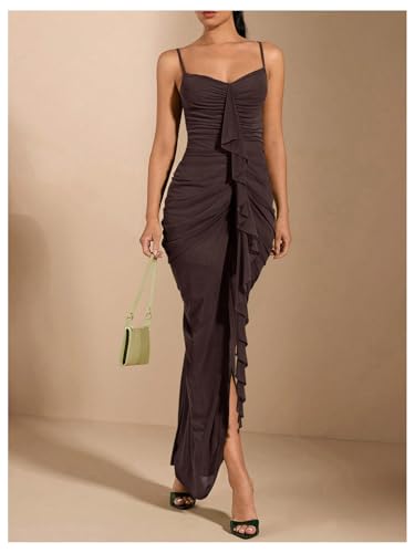 Image of Floerns Women's Ruffle Ruched Cami Dress Draped Split Elegant Bodycon Maxi Dresses