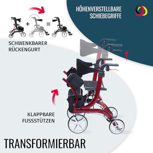 Rollator mit Fußstützen von Bescomedical – 2-in-1 Modell M Bordeauxrot
