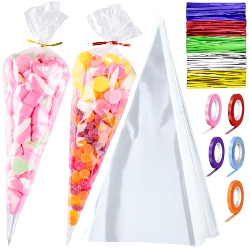 18x32cm Sweet Cone Bags with Twist Ties and Ribbons 100Pcs Crystal Clear Cellophane Treat Bags Triangle Sweetie Party Favor Cones Ideal for Halloween Christmas Candy Buffets Baby Shower and More
