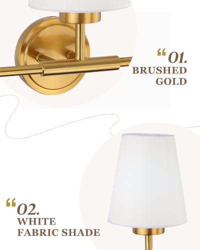 Image of Brushed Gold Bathroom Light Fixtures with White Fabric Shades | 3-light vanity light for bathroom, modern sconces wall lighting for hallway bedroom, ideal for 30-48 inch mirrors, AD-25052-3W-GD