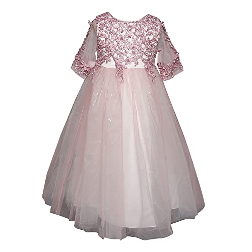 Image of Hopscotch Girls Midi Length Cotton and Polyester Floral Embellished 3 /4th Sleeve Party Dress in Pink Color