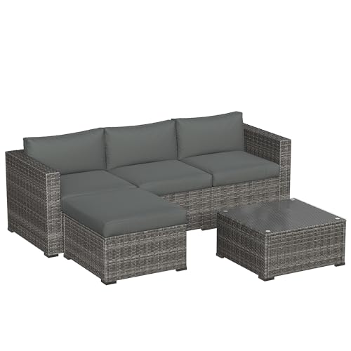 May in Color 5 Piece Outdoor Patio Sectional Furniture Set, Weather Resistant Rattan Outside Couch, Waterproof Conversation Sofa for Balcony, Porch, Backyard, Deck, Garden, Grey