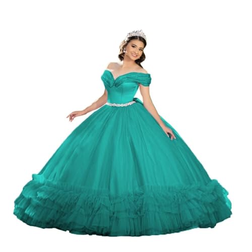Ftupza Layered Tulle Quinceanera Dresses Ball Gown Off Shoulder Glitter Beaded Sweet 16 Dresses Princess Party Gown