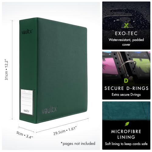 Image of Vault X Premium Exo-Tec 3 Ring TCG Binder for 9 Pocket Trading Card Pages - 50+ Page Capacity Easy Open 3 D-Ring Clip Binder for TCG CCG Photo Cards (Large, Green)