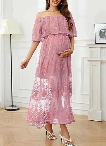Image of HOYISHION Women's Off The Shoulder Floral Lace Maxi Dress White Bridesmaid Wedding Party Maternity Photoshoot Long Dresses