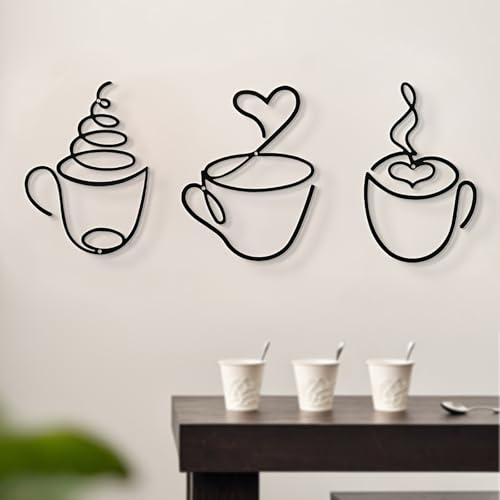 BSITSSS 3 Pièces Décoration Murale Métal, Noir Tasse à Café Tableau Decoration Murale, Minimalist Ligne Art Mural Déco pour Salon Cuisine Salle de Bain Chambre à Coucher Salle à Manger