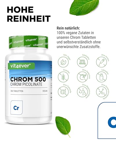 vit4ever Chrom aus Chromium Picolinate - Extra hochdosiert 500 mcg Chrom pro Tablette - 365 Tabletten - Laborgeprüft - Ohne unerwünschte Zusätze - Hochdosiert - Vegan