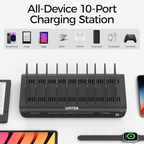 Image of Unitek 10-Port USB C Charging Station 96W with 2X 65W PD, [2A+8C] Laptop Charging Station for Multiple Devices, Fast Charger Dock for Home Office
