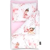 PinkZebra 3 teilig Puppenbettwäsche für Puppenbett, Decke + Kissen + Matratze, Puppenbettzeug mit Matratze, Bettwäsche aus Baumwolle für Puppen bis 48 cm, Rosa Fee