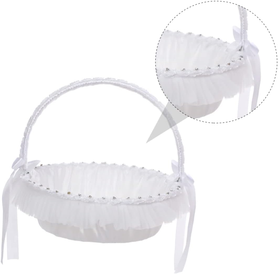 Zerodeko Romantic Lace Flower Basket with Rhinestones and Polyester for Wedding Ceremony Elegant Bride Handheld Basket for Flower Girl Decorative Accessory for Weddings and Special Events