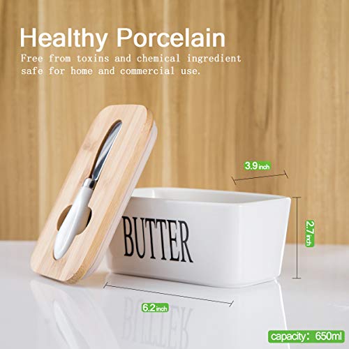 Hasense Porcelain Butter Dish With Bamboo Lid - Covered Butter Dish With Butter Knife For Countertop, Airtight Butter Container With Cover Perfect For East West Coast Butter, White #TOP1