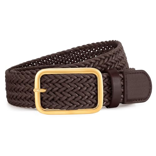 XZQTIVE Straw Woven Waist Belts for Women Fashion Boho Rattan Braided Belt with Gold Buckle for Casual Dresses Jeans, Coffee, 120cm