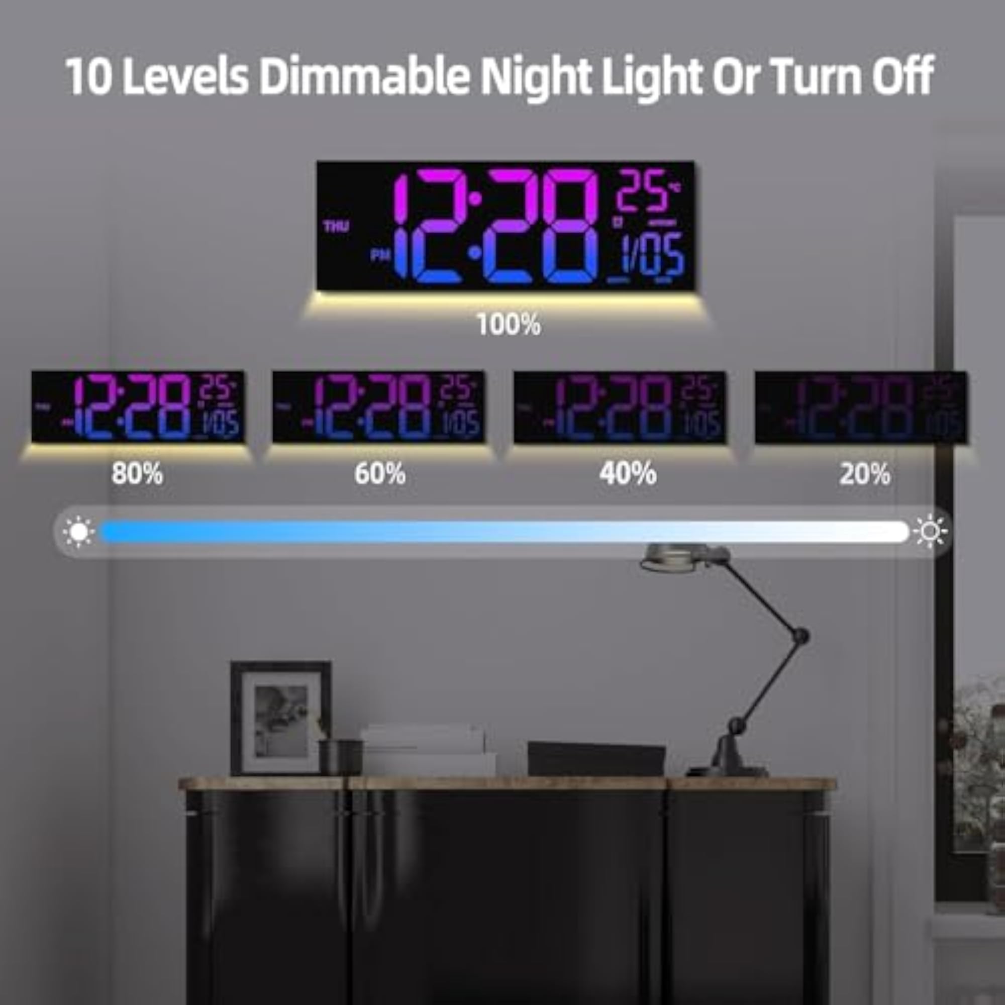 8 Colors Digital Wall Clock with Temperature & Night Light