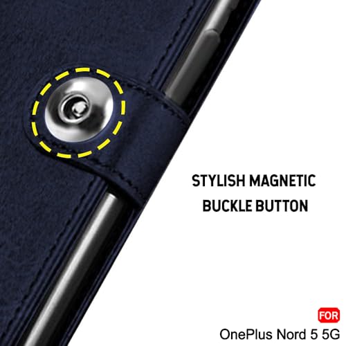 Image of TheGiftKart heGiftKart Genuine Leather Finish Flip Back Cover Case for OnePlus Nord 5 5G | Inbuilt Pockets & Stand | Wallet Style | Designer Button Magnet Flip Back Cover Case (Faux Leather, Blue)