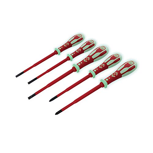 C.K Dextro VDE Slim GLO Set of 5 Phosphorescent Screwdrivers SLP & PZ, Glow in The Dark Thin Slotted Pozidriv PZ1 PZ2 SL, Electricians Insulated Screwdriver Sets, Electrical Terminal Tools T49283PD