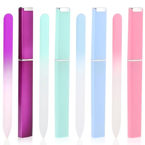 4 Pack Glass Fingernail File Double Side Polish Glass Fingernail File with Case Professional Nail Files for Women Girls(Green, Blue, Pink, Purple)