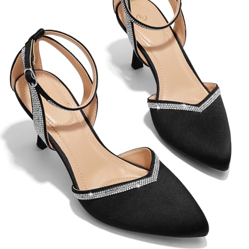 Mysoft Women's Low Heel Pumps - Pointed Toe Ankle Strap Dress Sandals, Black Satin, 3" Heel - View #9