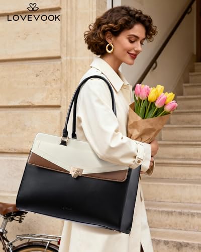 Image of LOVEVOOK Laptop Tote Bag for Women, PU Leather Work Bag, Teacher Tote | with Large Cup Holder, Waterproof Vintage Briefcase for Business Travel & Commute, Magnetic Snap, Padded Laptop Pocket