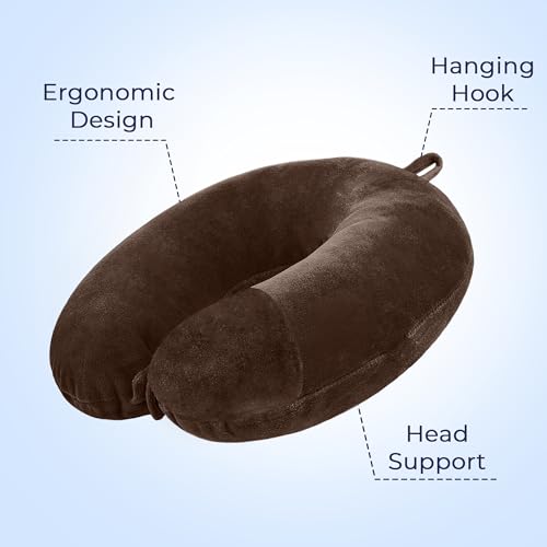 Image of U-SShaped Neck Pillow Soft Fiber Filled Travel Cushion with Snap Button, Comfortable Fabric, Neck Support for Flight, Bus, Car, Neck Pillow for Pain Relief (Brown)