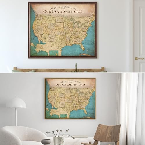 Image of DECORARTS - Large Personalized Push Pin Travel Map USA, Custom Name, Pin Board Canvas Wall Art, Antique Old United States Decor, Optional Wood Frame, Giclee Print, Handcrafted in USA, 35x28''