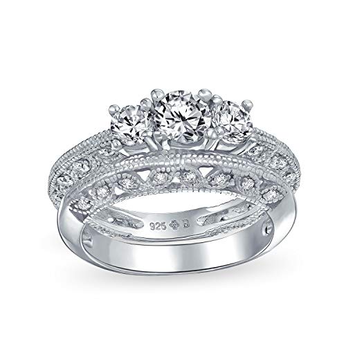 Personalize Art Deco Vintage Style Filigree Cubic Zirconia 3CT Brilliant Cut Round Solitaire Three Stone Past Present Future CZ Anniversary Engagement Ring Set Band For Women 925 Sterling Silver