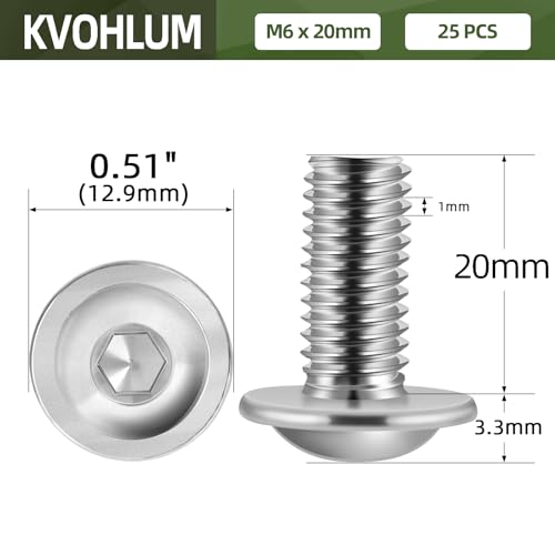 Image of M6-1.0 x 20mm 25 PCS Flanged Button Head Socket Cap Bolts Screws, Stainless Steel 304, Allen Socket Drive, Screwdriver Bit Included, Bright Finish, Fully Machine Thread