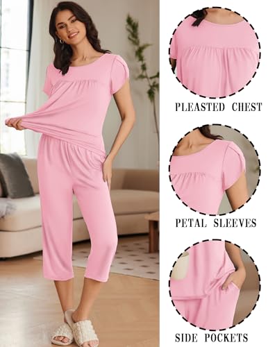 Image of Ekouaer Women's Capri Pajama Set Short Sleeve Mumu Pjs Pleated Top Capri Pants with Pockets Sleepwear Lounge Set