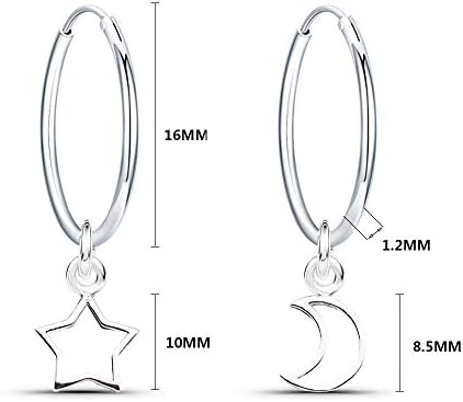 Epoch World 925 Sterling Silver Earrings Dangle Drop Moon and Star Hoop Earrings Diameter 16mm Sleeper Hoops Earrings for Women Girls