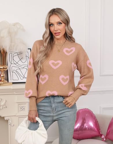 Image of Women's Long Sleeve Mock Neck Sweaters Loose Cute Heart Pullover Sweater